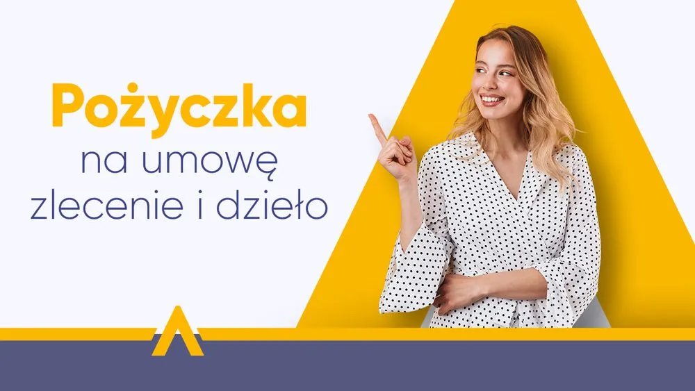 Kobieta w białej koszuli w kropki wskazująca na napis "Pożyczka na umowę zlecenie i dzieło"
